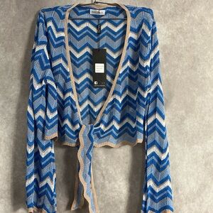 Galtiscopio Blue Chevron Open-Knit Tie-Front Cardigan with Tan Trim